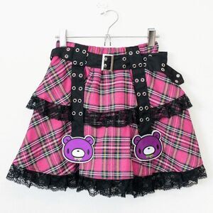 Gloomy Bear Hot Pink & Purple Checkered Punk Rock, Emo, Rave Skirt